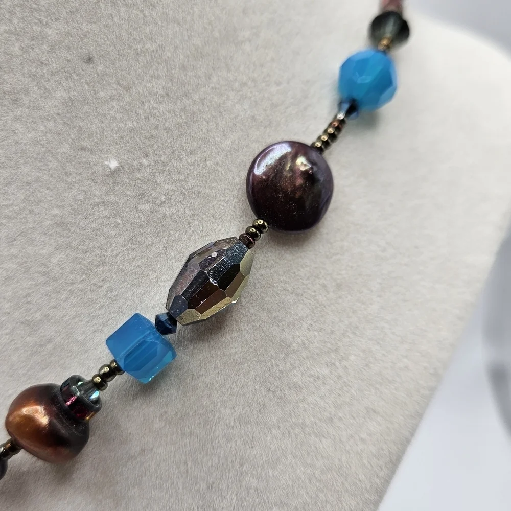 VINTAGE Blue and Brown Glass Cloisonne  Beaded Lariat Y-Drop Necklace